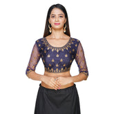 Round Neck Machine Embroidery Navy Blue Women Blouse Navy Blue