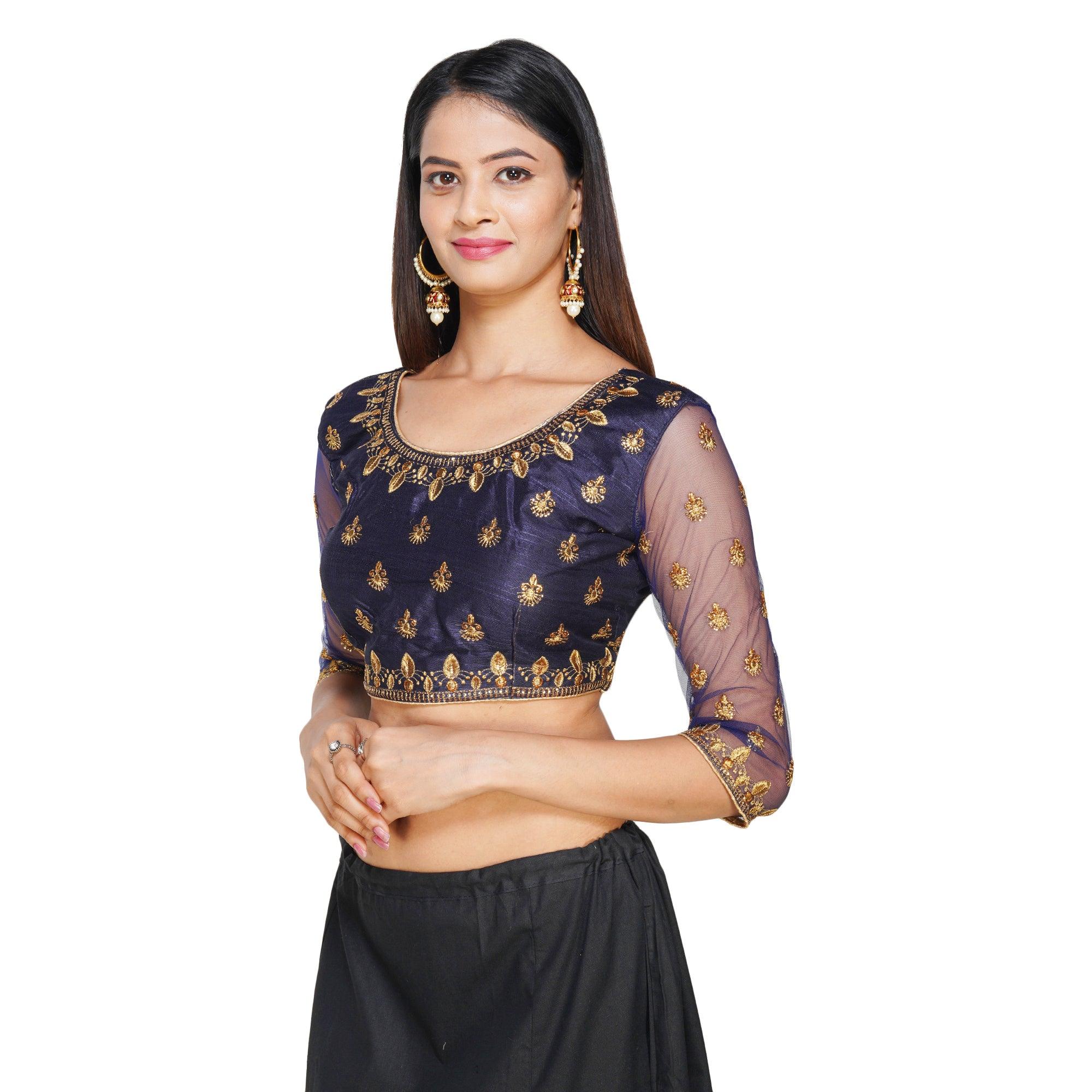 Round Neck Machine Embroidery Navy Blue Women Blouse