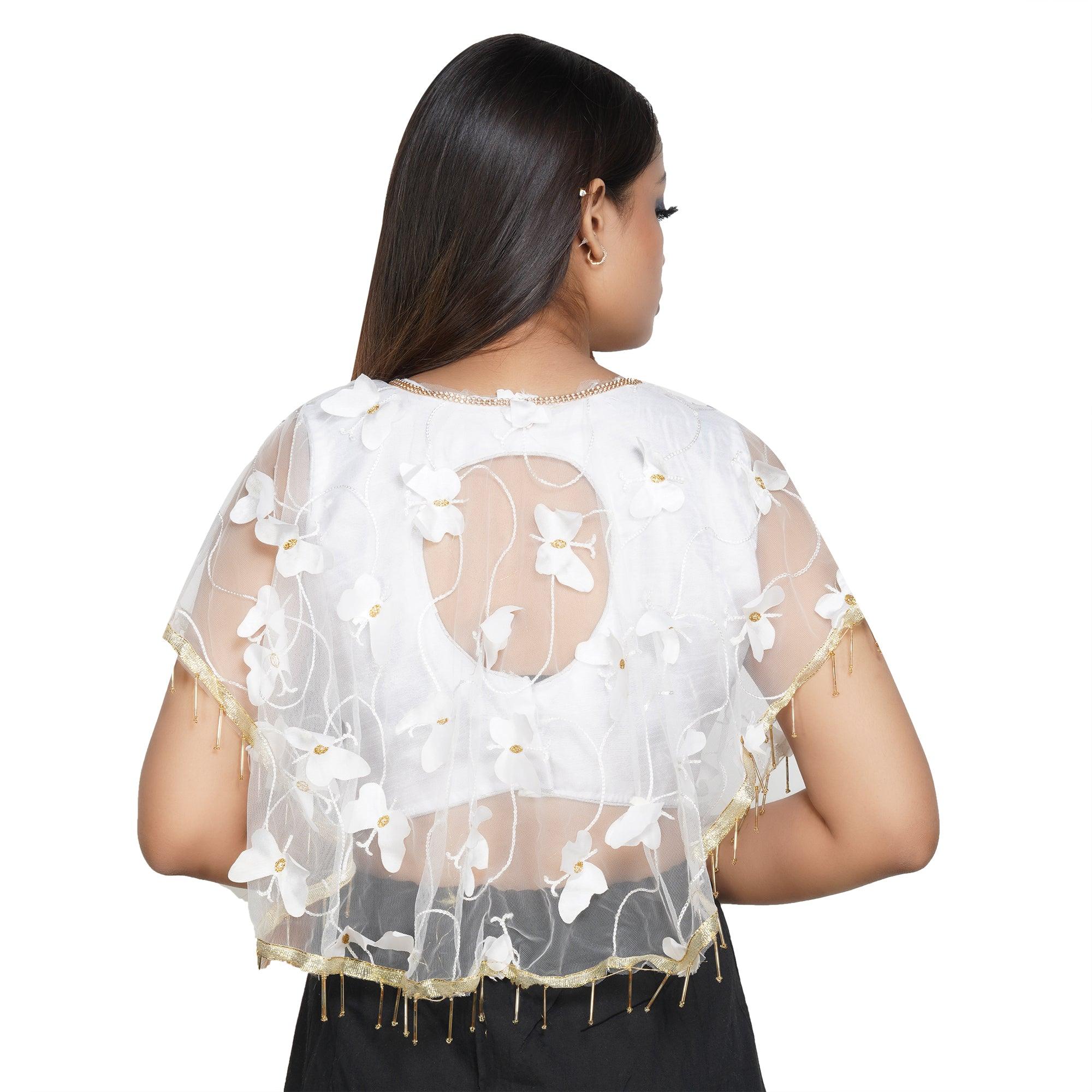 Boat Neck 3D Butterfly Work White Women Blouse