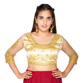 Designer Satin Work Cream Gold Women Blouse Golden
