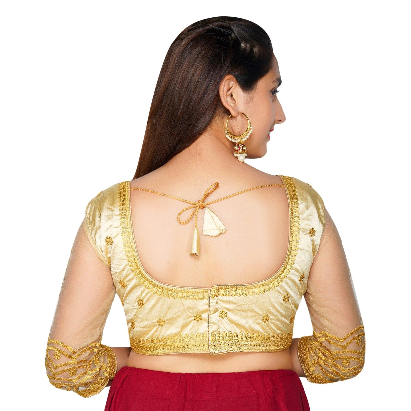 Trendzmy Designer Satin Work Cream Gold Women Blouse