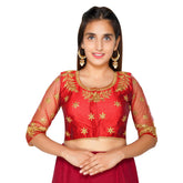 Round Neck Heavy Back Machine Embroidery Red Women Blouse Red