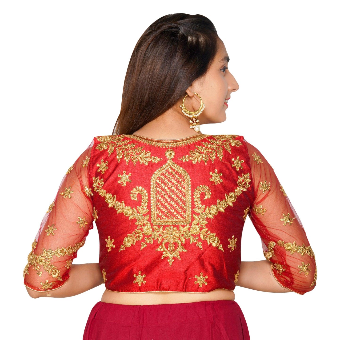 Trendzmy Round Neck Heavy Back Machine Embroidery Red Women Blouse