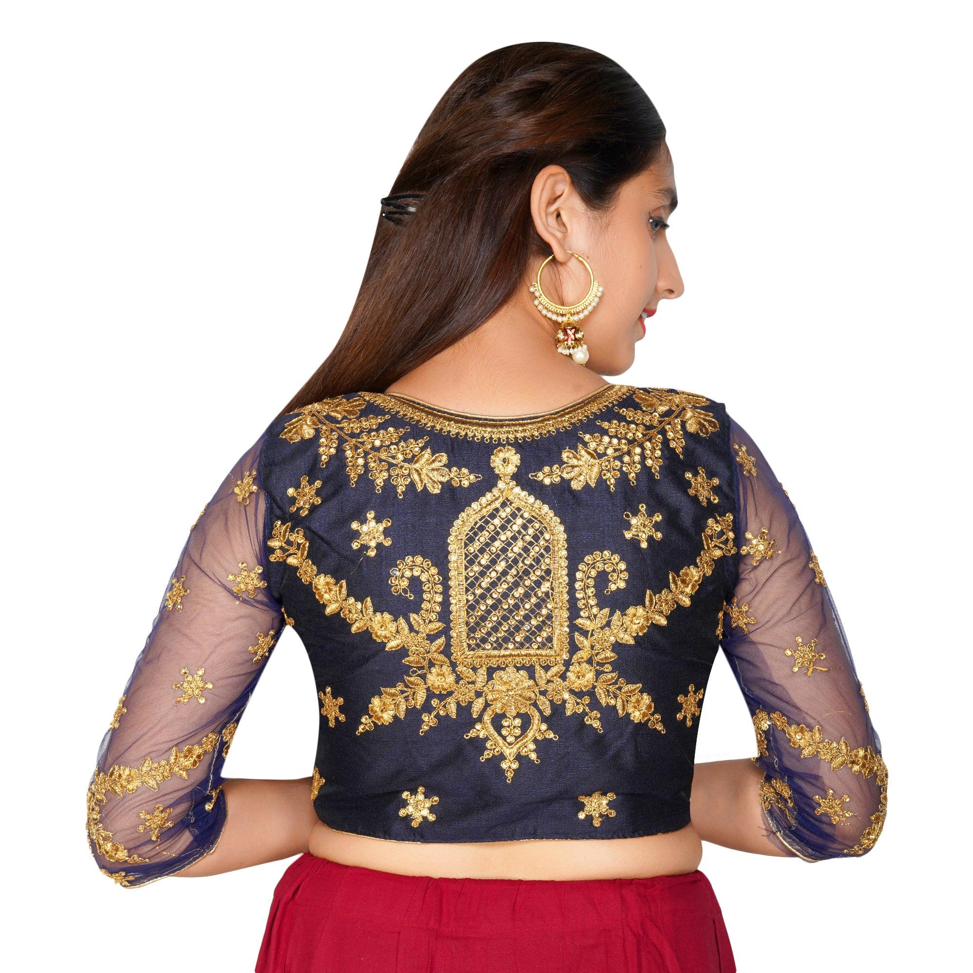 Round Neck Heavy Back Machine Embroidery Navy Blue Women Blouse