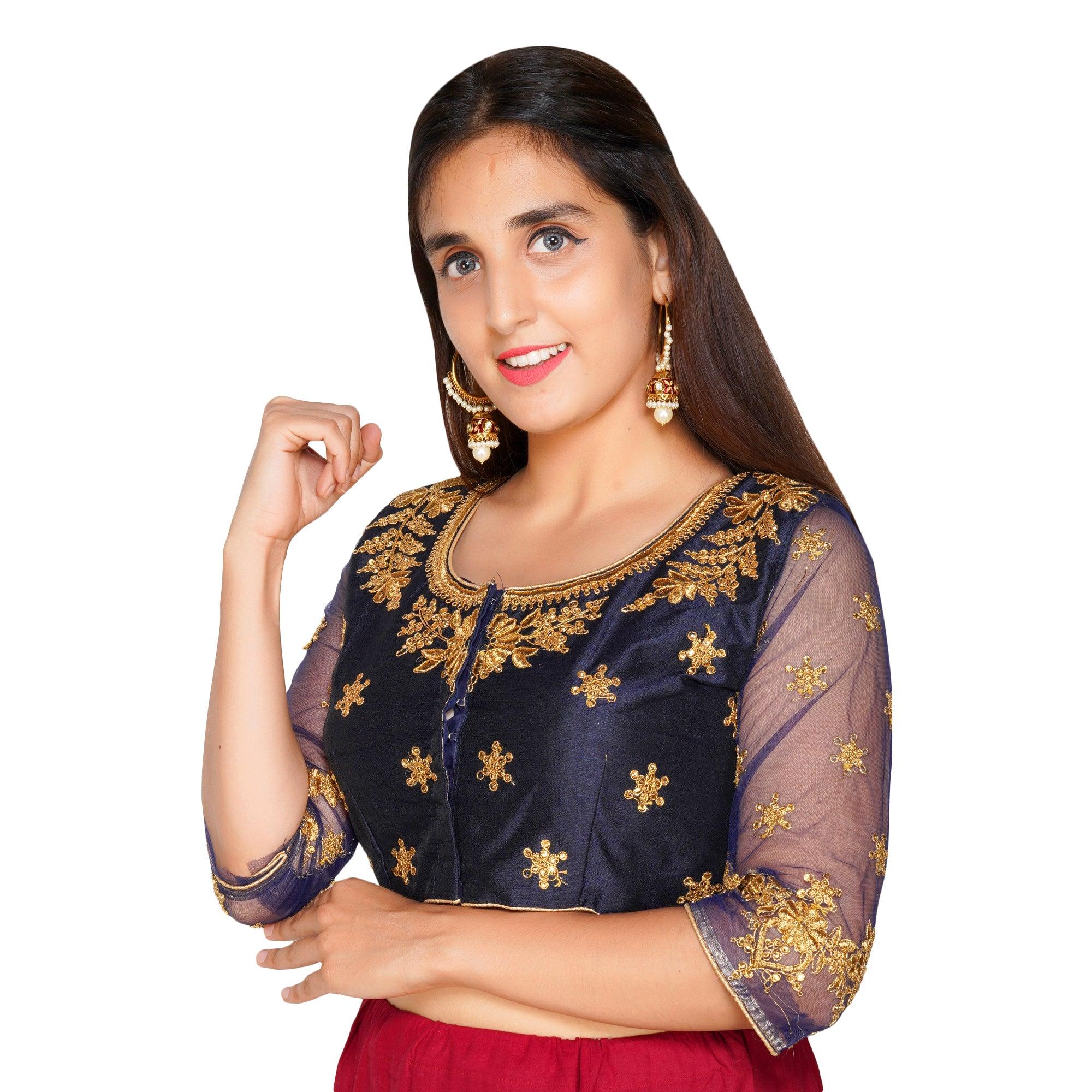 Round Neck Heavy Back Machine Embroidery Navy Blue Women Blouse