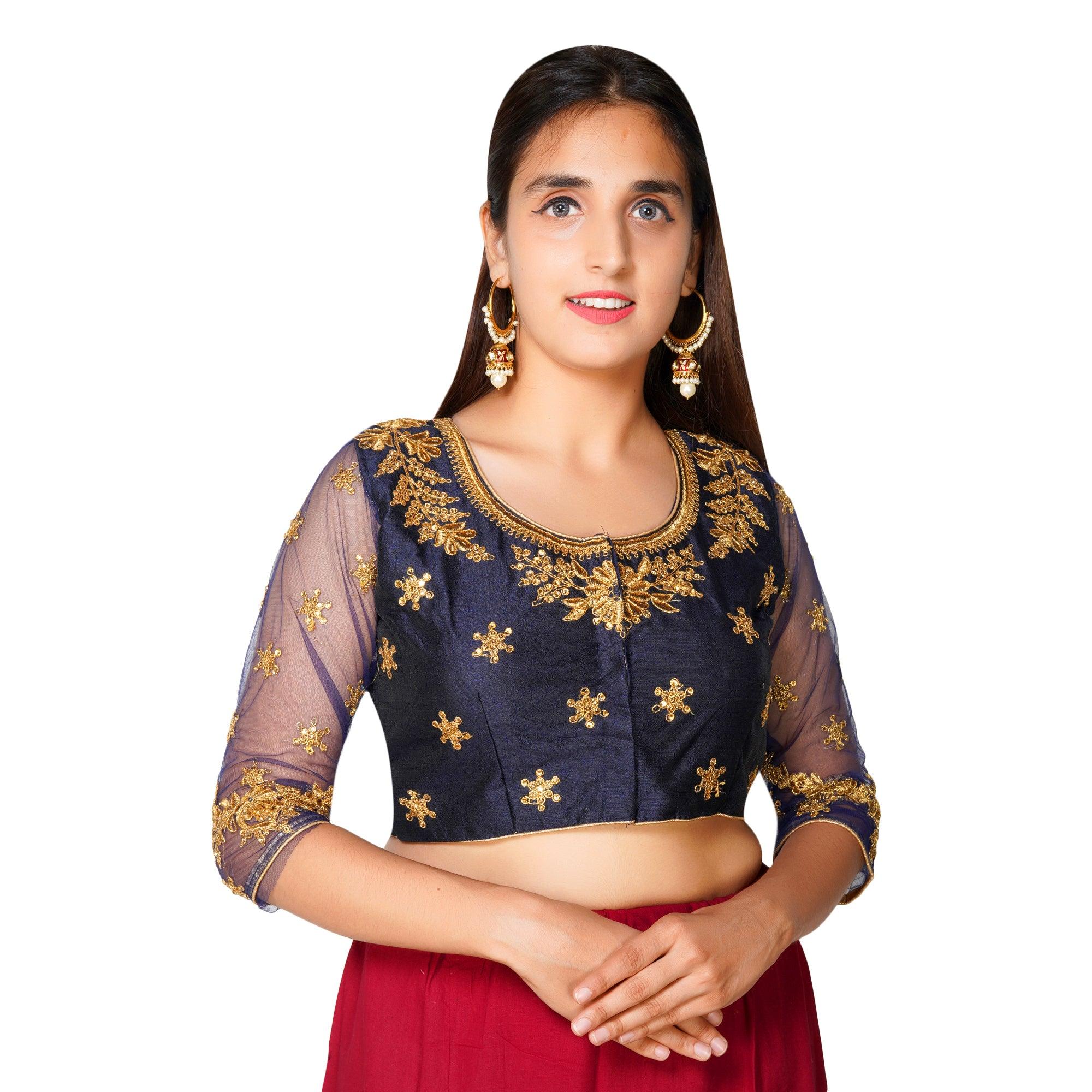 Round Neck Heavy Back Machine Embroidery Navy Blue Women Blouse