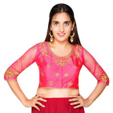 Round Neck Heavy Back Machine Embroidery Rani Pink Women Blouse Rai pink