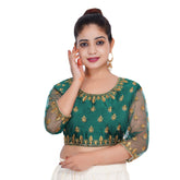 Round Neck Machine Embroidery Green Women Blouse Default Title