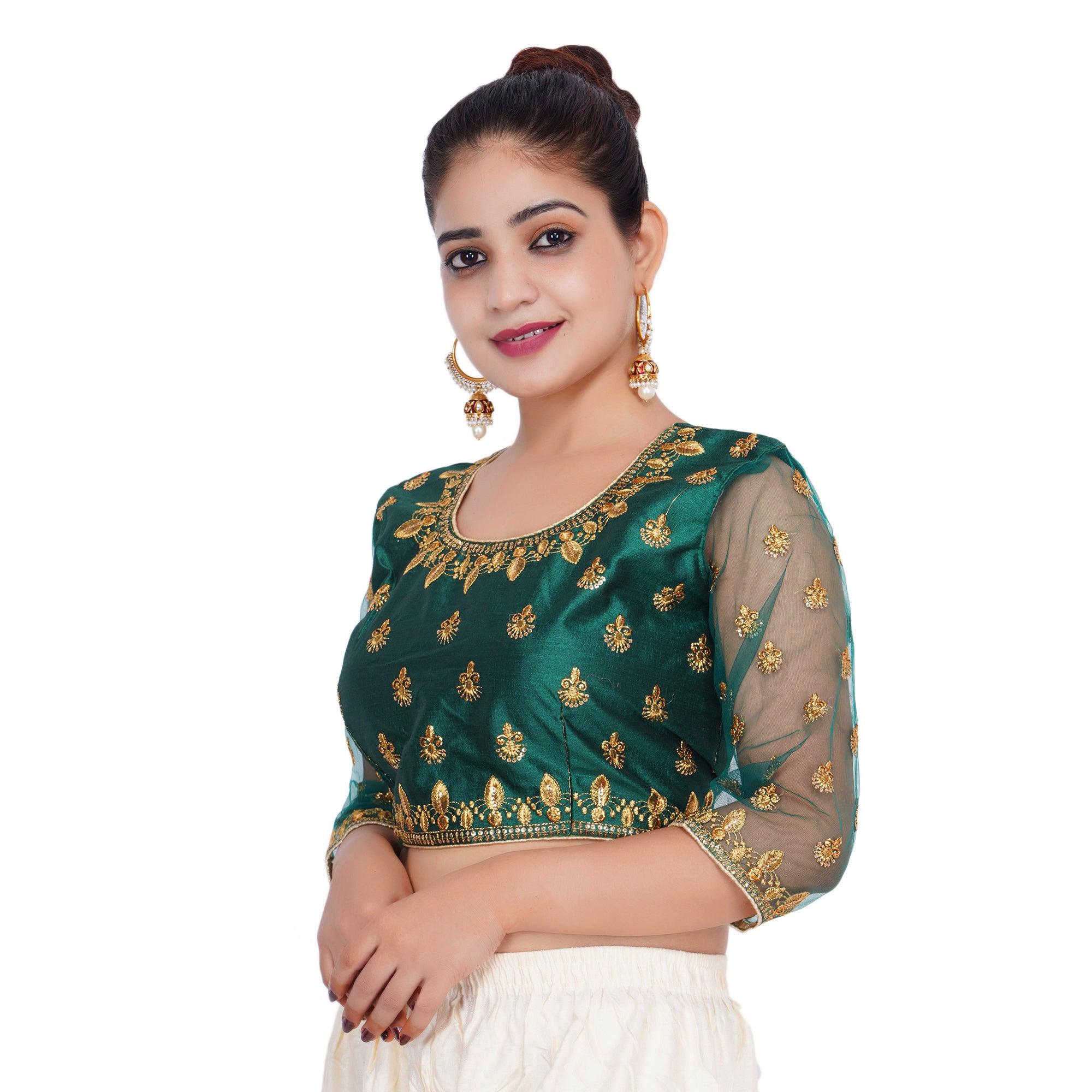 Round Neck Machine Embroidery Green Women Blouse