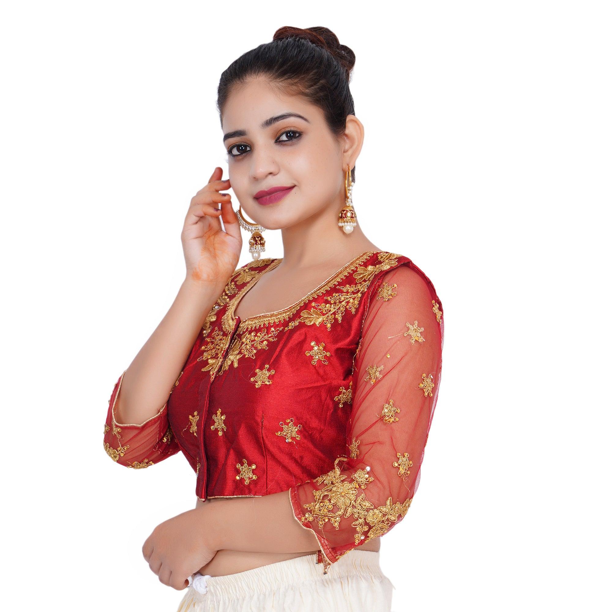 Round Neck Heavy Back Machine Embroidery Maroon Women Blouse