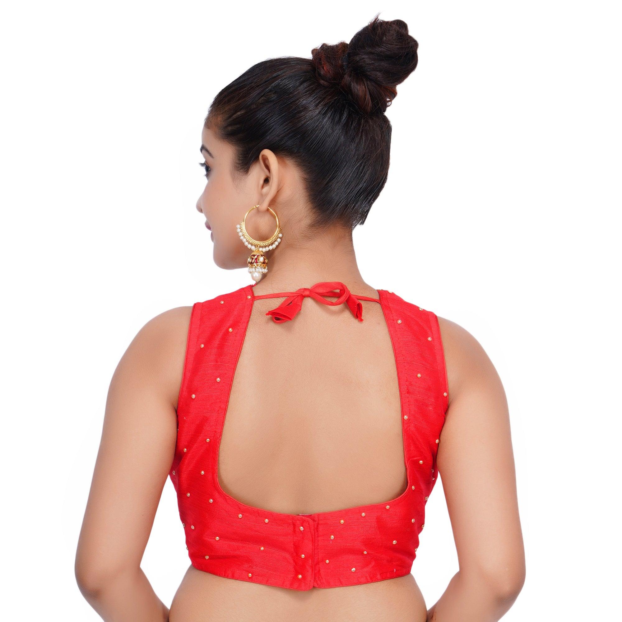 S Neck Stone Work Red Women Blouse