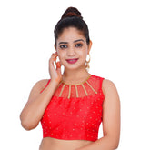 S Neck Stone Work Red Women Blouse Default Title