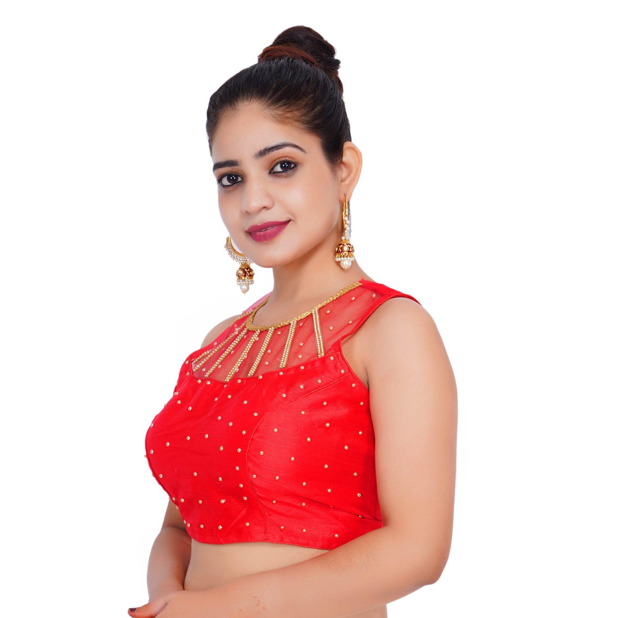 S Neck Stone Work Red Women Blouse