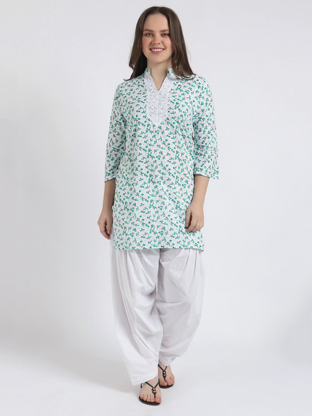 Women Printed Top Green Kurta and Salwar Set Pure Cotton