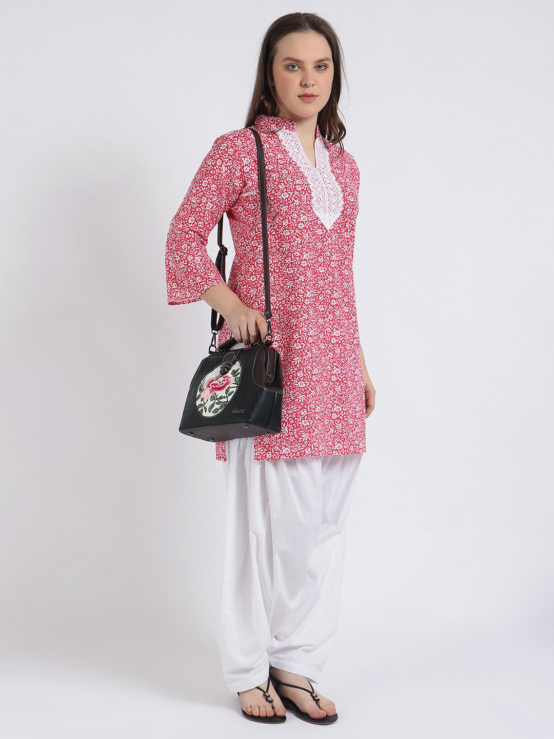 Women Printed Top Red Kurta and Salwar Set Pure Cotton