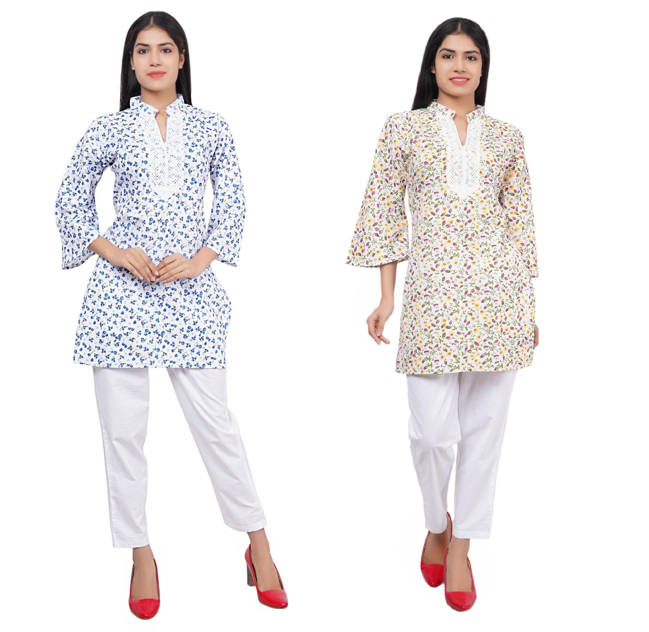 Women Blue and Multi Floral Print Pure Cotton Straight Kurta Pack Of 2 XXXL