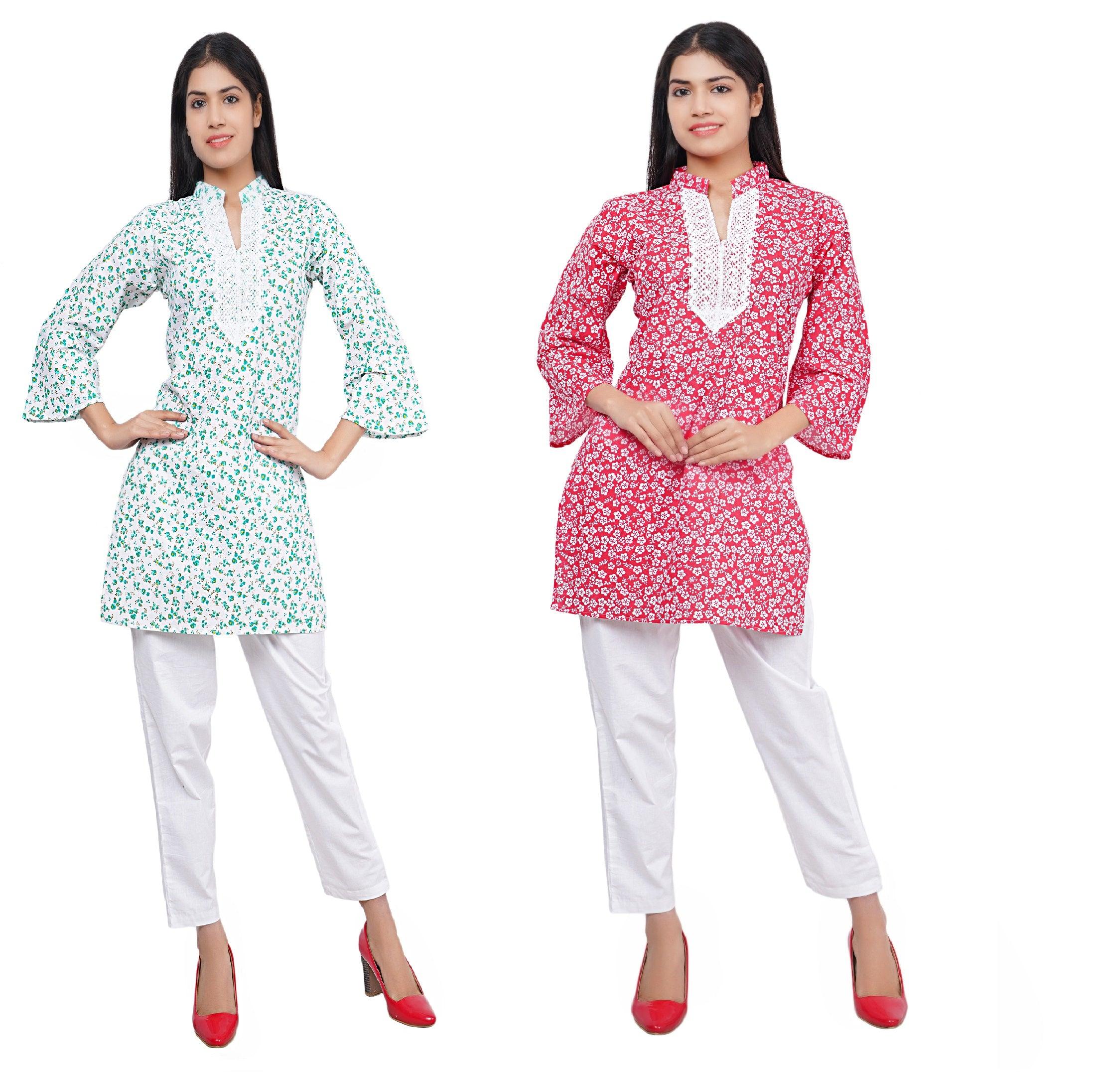 Women Green and Red Floral Print Pure Cotton Straight Kurta Pack Of 2 XXXL
