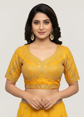 Sun-Kissed Radiance: Hand-Embroidered Mustard Silk Blouse with Sweetheart Neckline Maroon