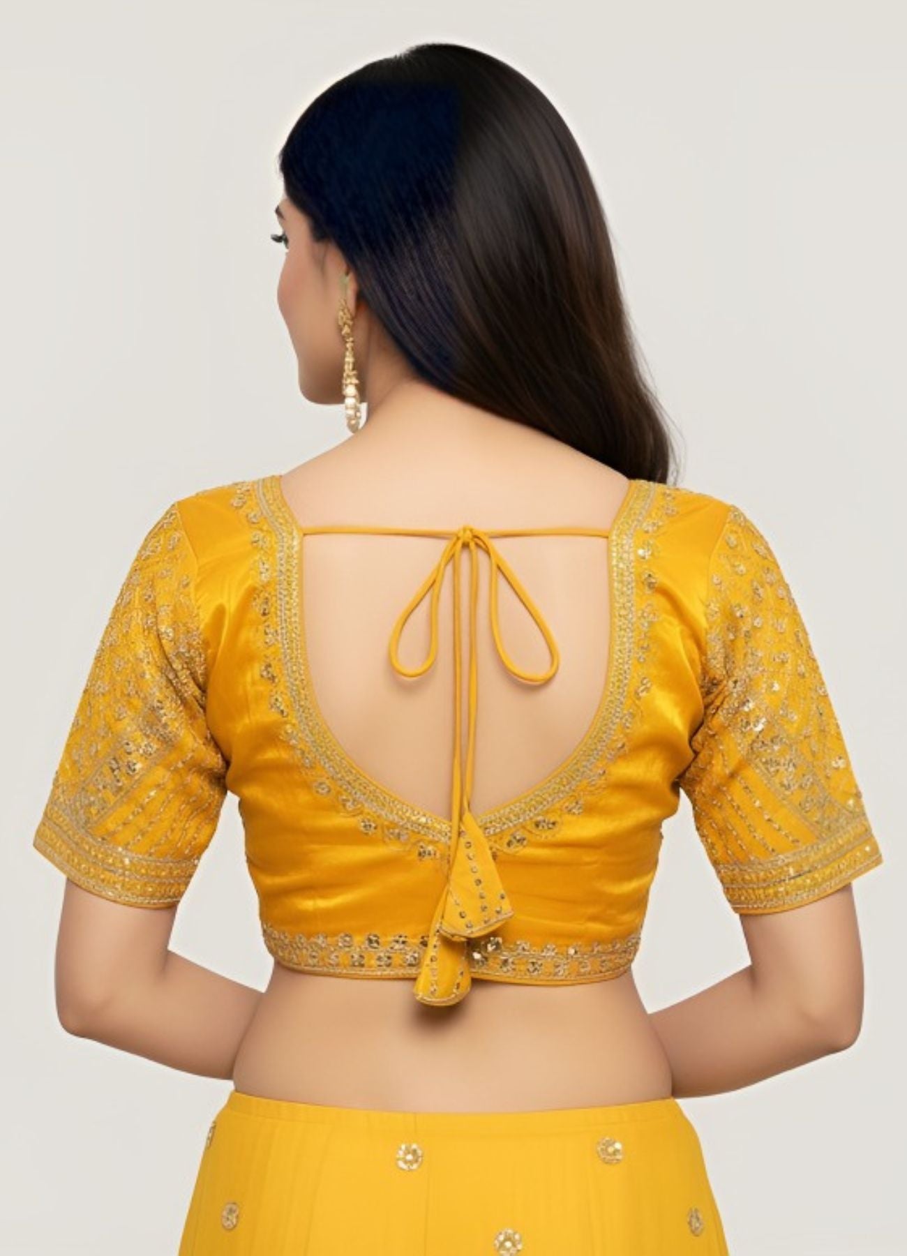 Sun-Kissed Radiance: Hand-Embroidered Mustard Silk Blouse with Sweetheart Neckline