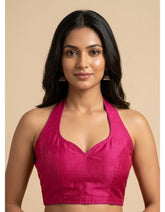 Women Silk Blend Halter Neck Blouse | Padded Backless Designer Saree Blouse | Party & Wedding Wear Readymade Blouse-Rani Pink Free Rani Pink