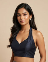 Elegant Midnight Blue Halter Neck Cotton Silk Blouse Free Navy