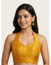 Mustard Yellow Halter Neck Blouse | Premium Cotton Silk Textured Fabric | Solid Color | Women's Ethnic Fusion & Party Wear Free Yellow