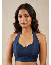 Navy Blue Halter Neck Blouse | Premium Cotton Silk Textured Fabric | Solid Color | Women's Sleeveless V-Neck Party & Casual Wear Free Blue