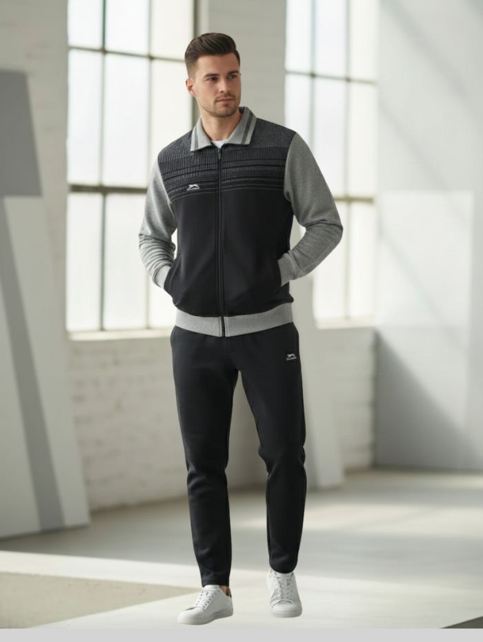 Shiv Naresh Men’s Black and Grey Premium Winter Woolen Tracksuit | Contrast Sleeve Sports Jacket & Jogger Set | Fleece-Lined Warm Fitness Wear