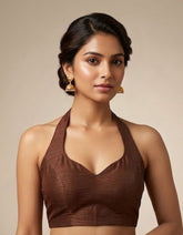 Women Silk Blend Halter Neck Blouse | Padded Backless Designer Saree Blouse | Party & Wedding Wear Readymade Blouse-Brown Brown