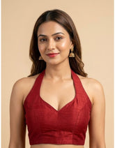 Maroon Cotton Silk Halter Neck Blouse | Textured Solid Color | Premium Ethnic Party & Festive Wear for Women Free Maroon