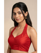 Women Silk Blend Halter Neck Blouse | Padded Backless Designer Saree Blouse | Party & Wedding Wear Readymade Blouse-Red Red