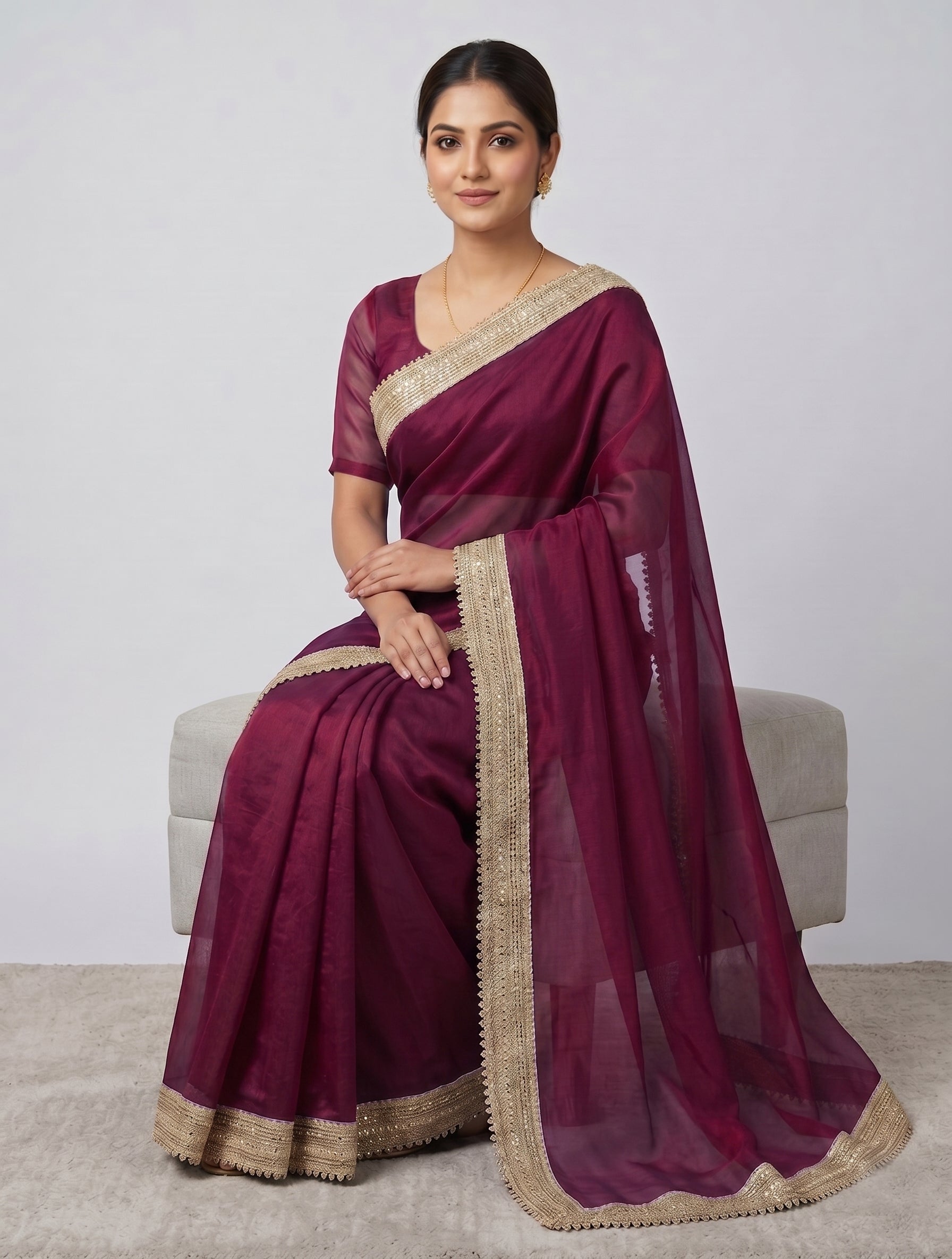 Wine saree with Designer Gold Embroidered Border