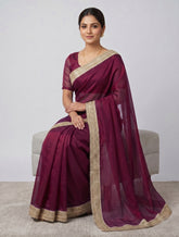 Indian women's fandy Saree - Festive Party Wear Saree with Lace Border Wine