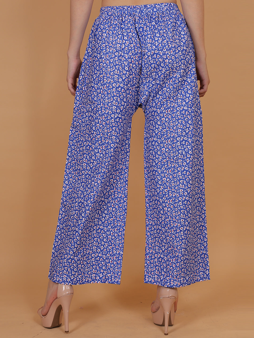 Women's Blue Printed Cotton Palazzo Pants with Pockets – Fits Size L(S to L) and Fits Size XXL (XL to 3XL)