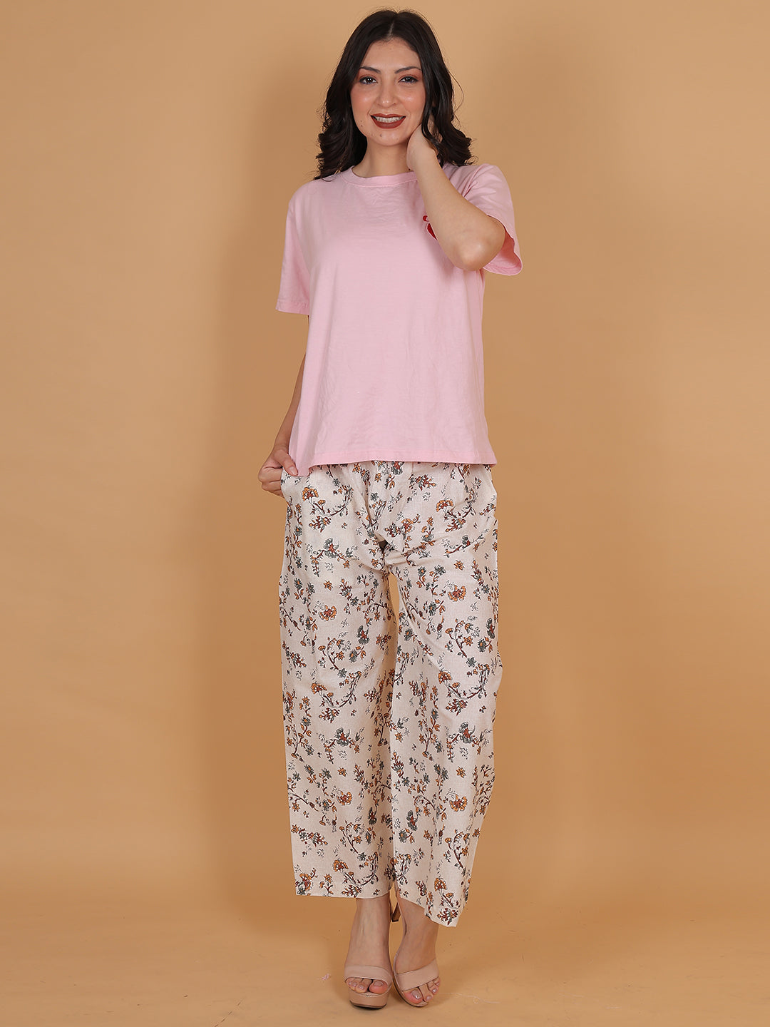 Women's Cream & Brown Printed Cotton Palazzo Pants with Pockets – Fits Size L(S to L) and Fits Size XXL (XL to 3XL)
