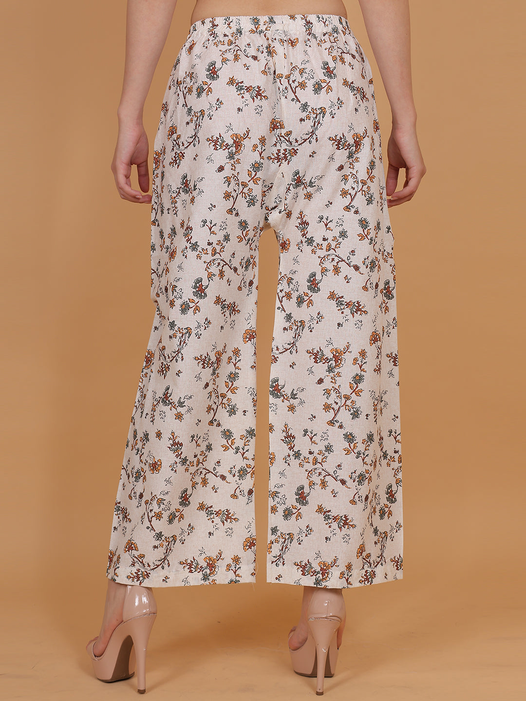 Women's Cream & Brown Printed Cotton Palazzo Pants with Pockets – Fits Size L(S to L) and Fits Size XXL (XL to 3XL)