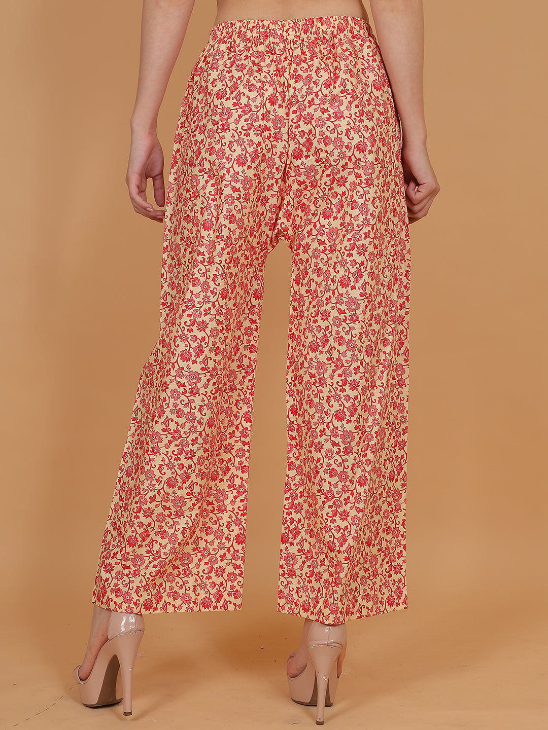 Women's Cream & Red Printed Cotton Palazzo Pants with Pockets – Fits Size L(S to L) and Fits Size XXL (XL to 3XL)