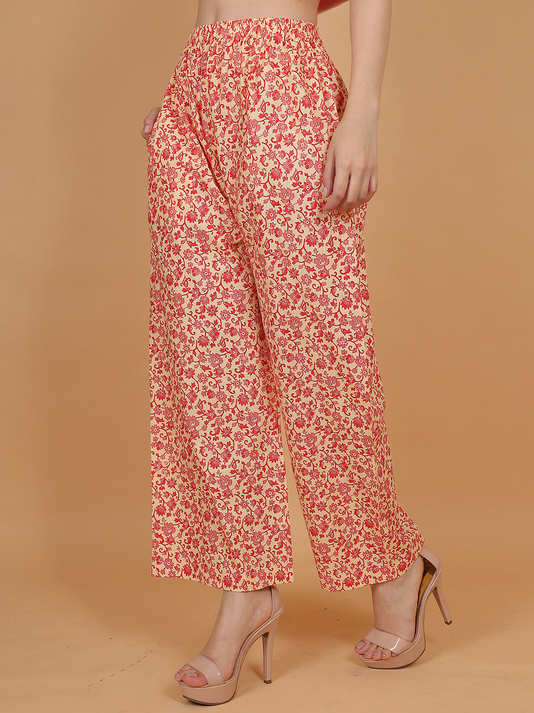 Women's Cream & Red Printed Cotton Palazzo Pants with Pockets – Fits Size L(S to L) and Fits Size XXL (XL to 3XL)