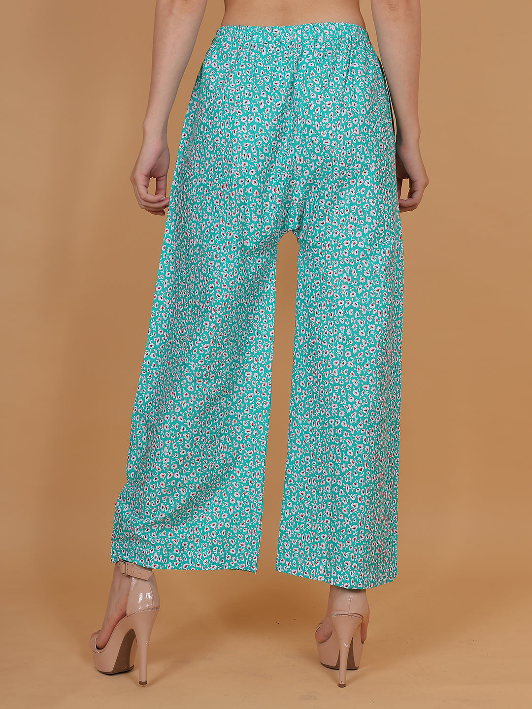 Women's Green Printed Cotton Palazzo Pants with Pockets – Fits Size L(S to L) and Fits Size XXL (XL to 3XL)