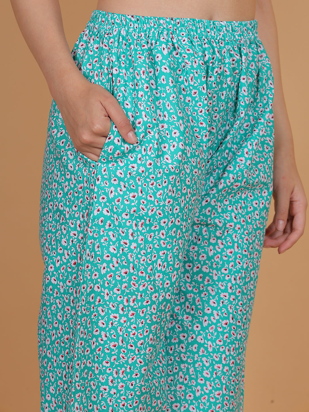Women's Green Printed Cotton Palazzo Pants with Pockets – Fits Size L(S to L) and Fits Size XXL (XL to 3XL)
