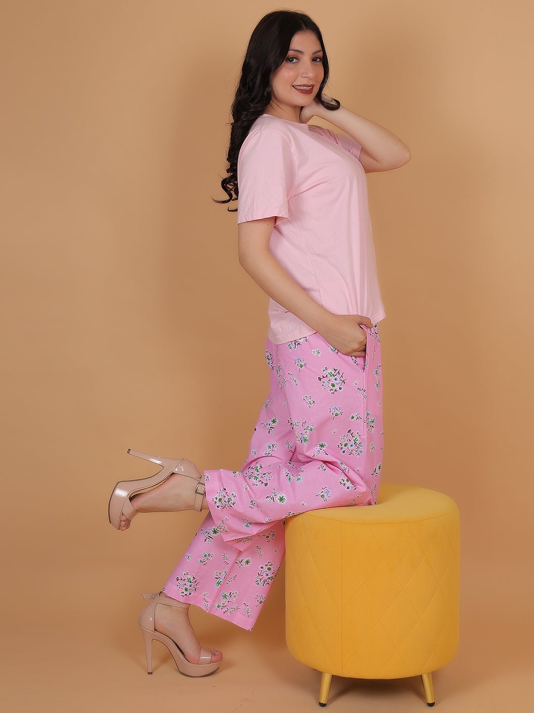 Women's Pink Printed Cotton Palazzo Pants with Pockets – Fits Size L(S to L) and Fits Size XXL (XL to 3XL)