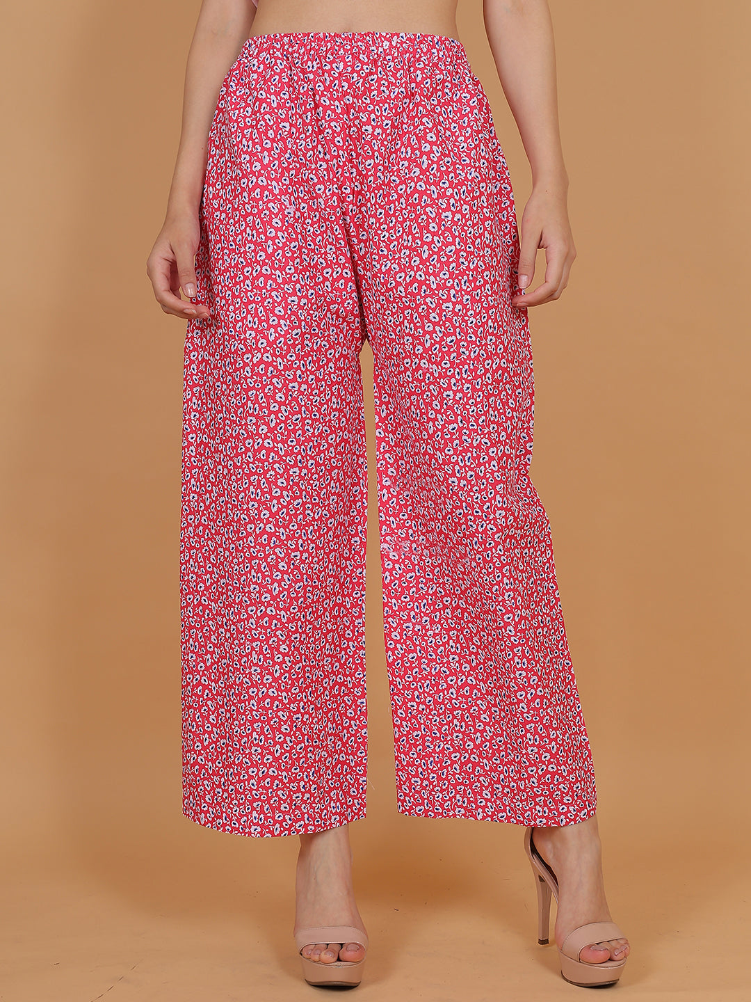 Women's Red Printed Cotton Palazzo Pants with Pockets – Fits Size L(S to L) and Fits Size XXL (XL to 3XL)