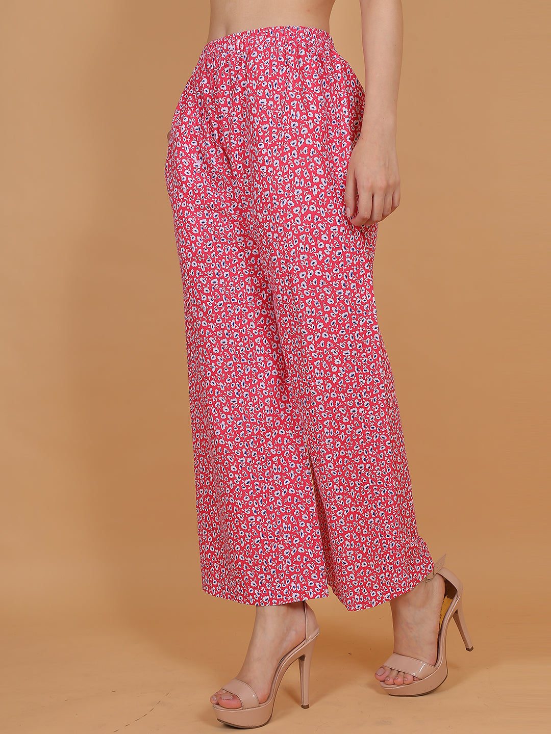 Women's Red Printed Cotton Palazzo Pants with Pockets – Fits Size L(S to L) and Fits Size XXL (XL to 3XL)