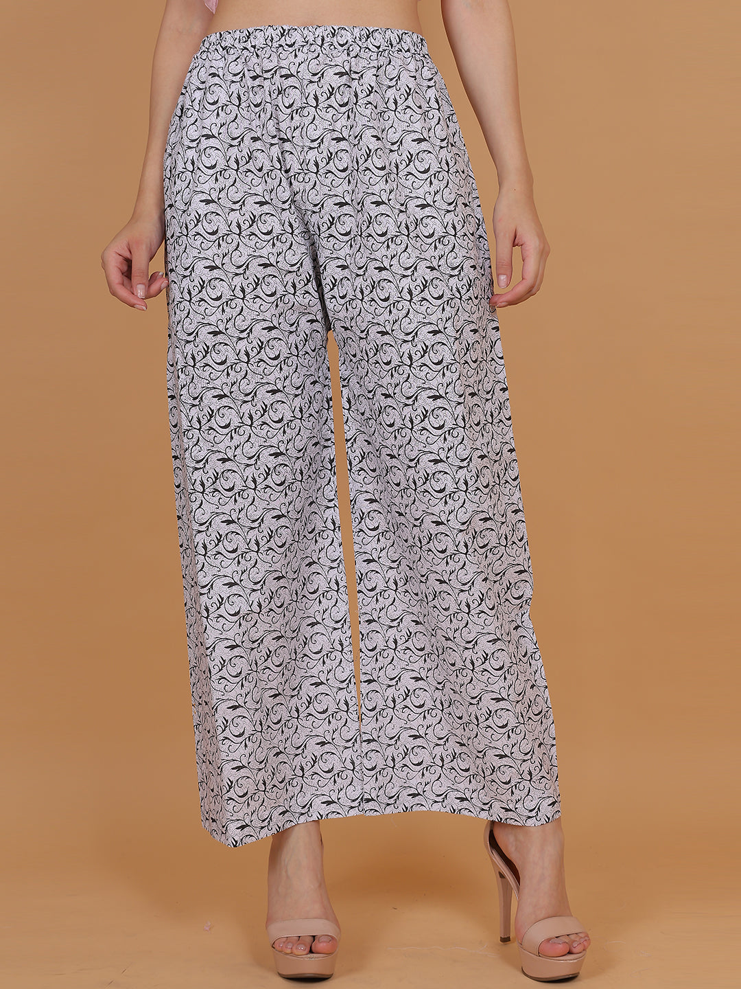 Women's White and Black Printed Cotton Palazzo Pants with Pockets – Fits Size L(S to L) and Fits Size XXL (XL to 3XL)
