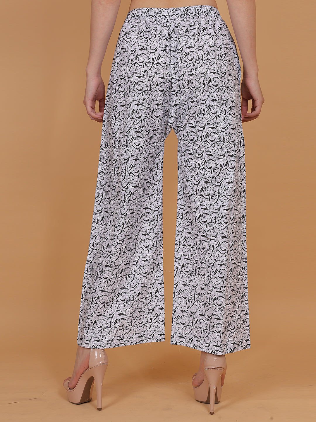 Women's White and Black Printed Cotton Palazzo Pants with Pockets – Fits Size L(S to L) and Fits Size XXL (XL to 3XL)