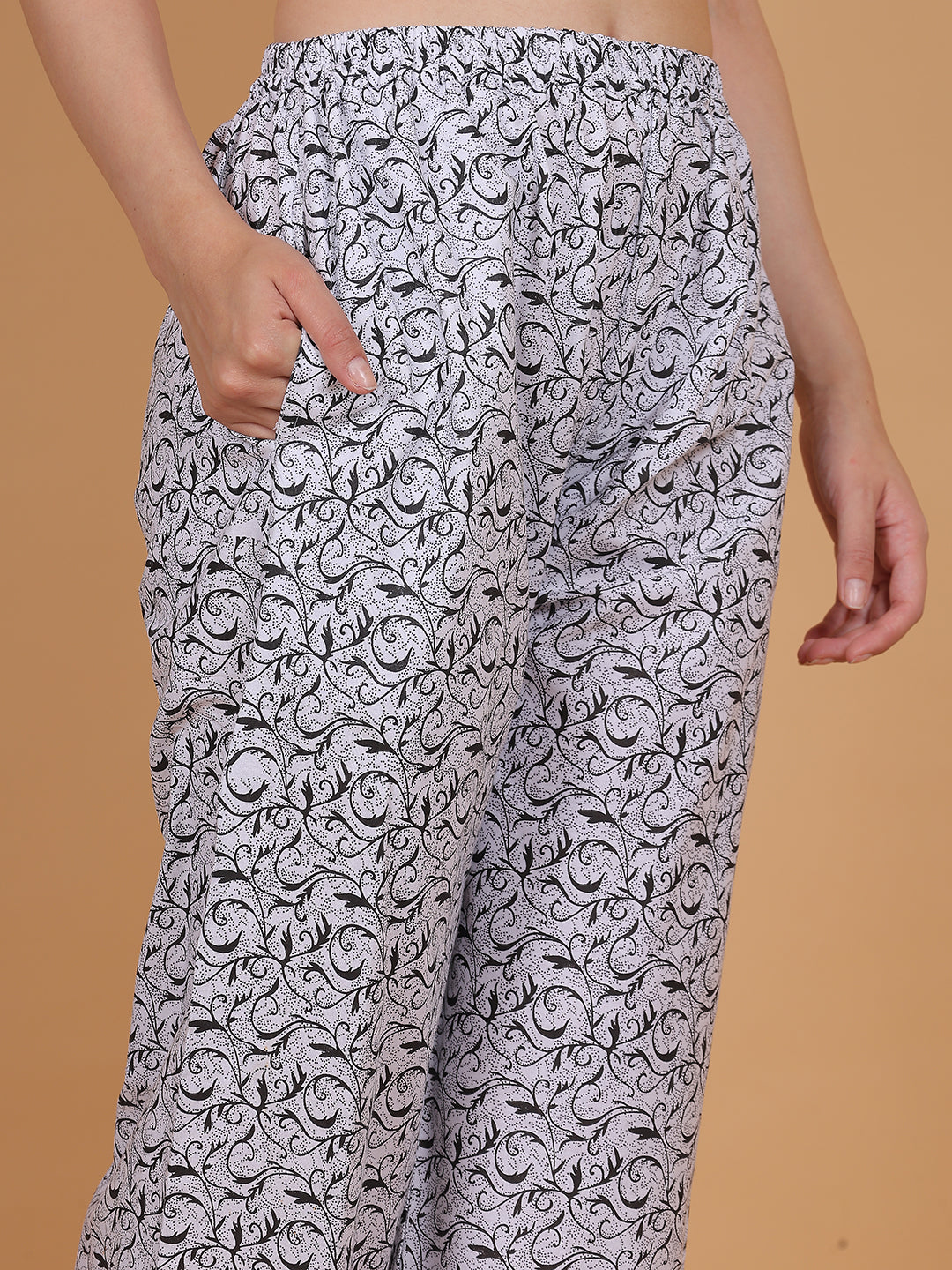 Women's White and Black Printed Cotton Palazzo Pants with Pockets – Fits Size L(S to L) and Fits Size XXL (XL to 3XL)