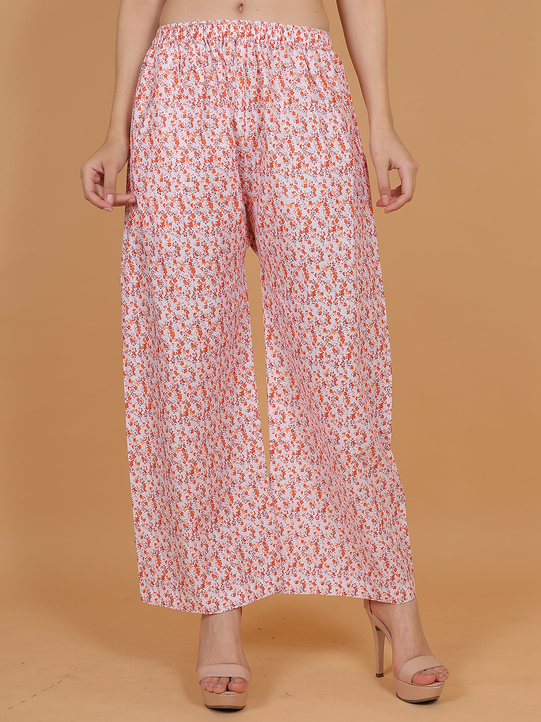Women's White and Orange Printed Cotton Palazzo Pants with Pockets – Fits Size L(S to L) and Fits Size XXL (XL to 3XL)