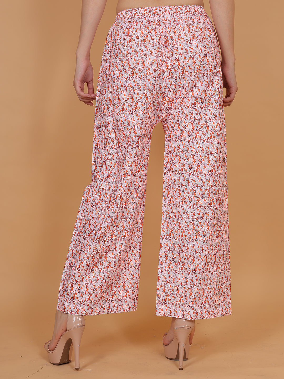 Women's White and Orange Printed Cotton Palazzo Pants with Pockets – Fits Size L(S to L) and Fits Size XXL (XL to 3XL)