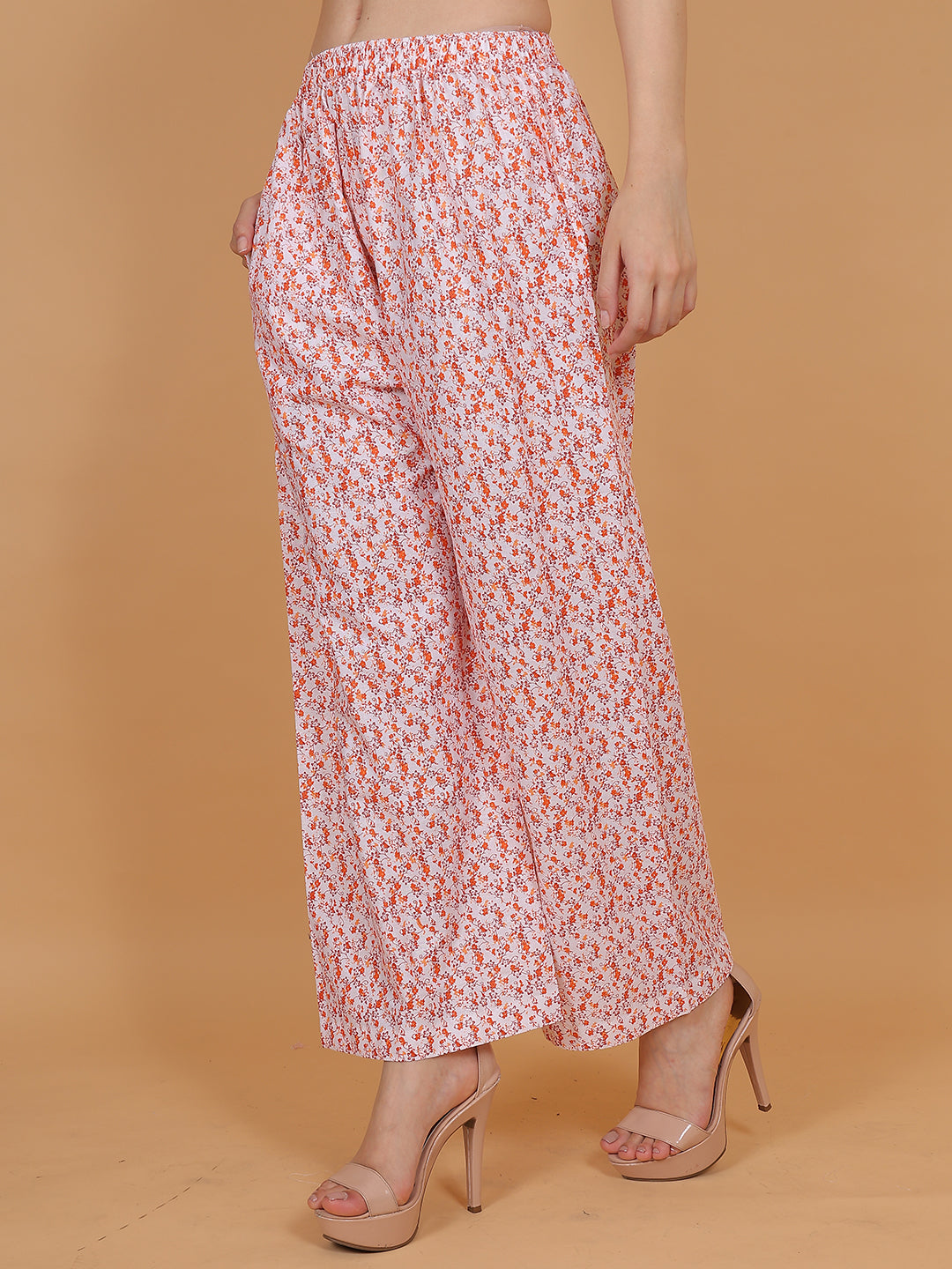 Women's White and Orange Printed Cotton Palazzo Pants with Pockets – Fits Size L(S to L) and Fits Size XXL (XL to 3XL)