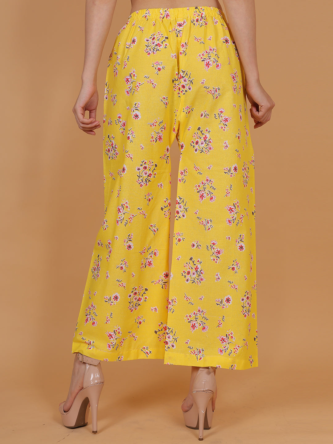 Women's Yellow Printed Cotton Palazzo Pants with Pockets – Fits Size L(S to L) and Fits Size XXL (XL to 3XL)